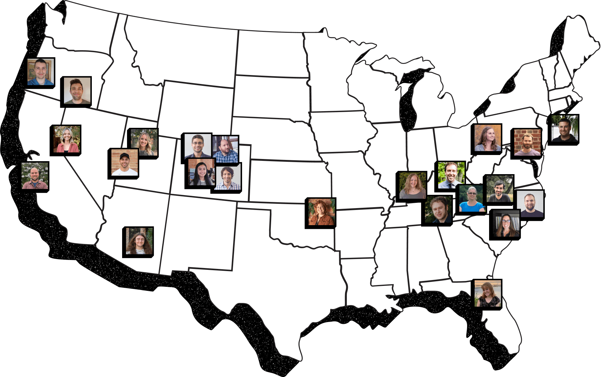 A U.S. map with headshots of By the Pixel employees in their respective home states